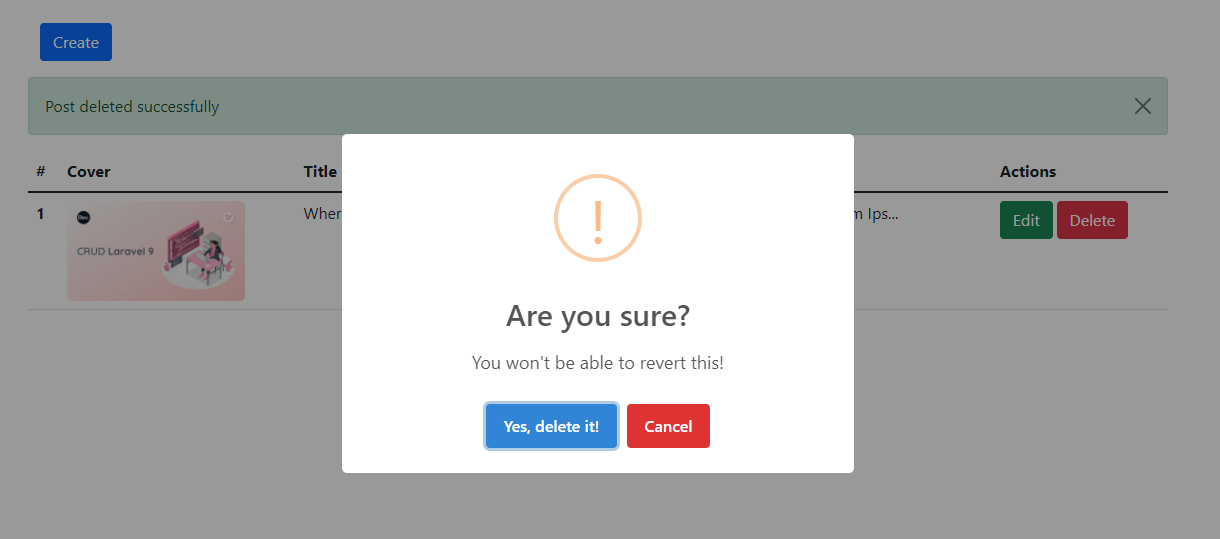 delete with confirm dialog sweetalert2 laravel 9
